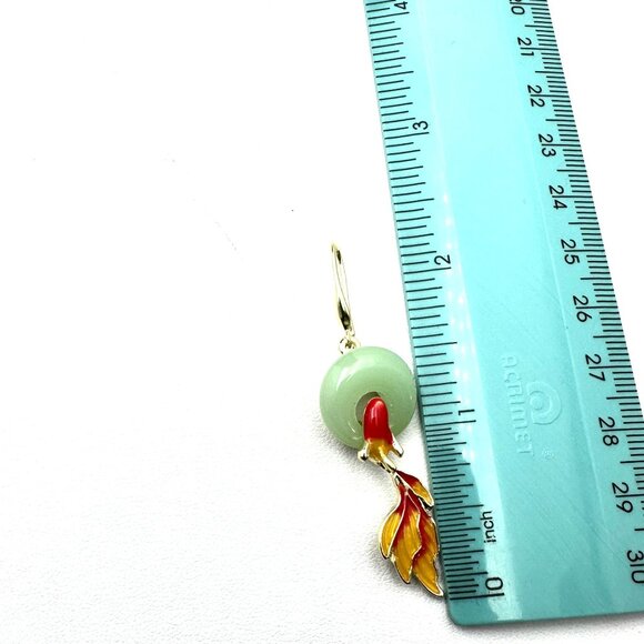 Green Jade Enamel Koi Fish Pierced Earrings Pierced Gold Plated 2" Chandelier - Picture 3 of 3